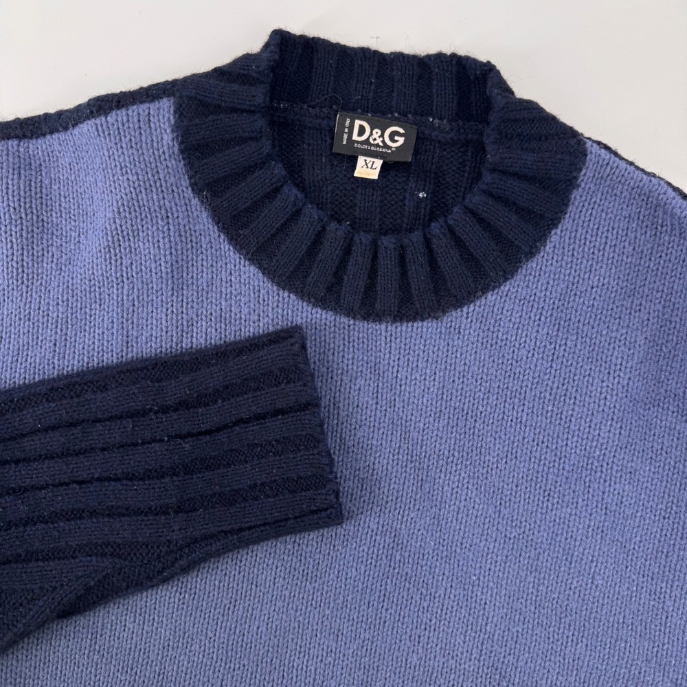 D&G Dolce & Gabbana Sweater Mens XL Blue Navy Colorblock Ribbed Wool Blend Italy